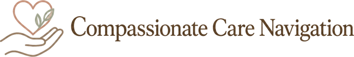 Compassionate Care Navigation logo: a hand holding a heart with a leaf